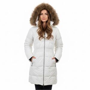 Women's White Hooded Coat with Faux Fur Trim